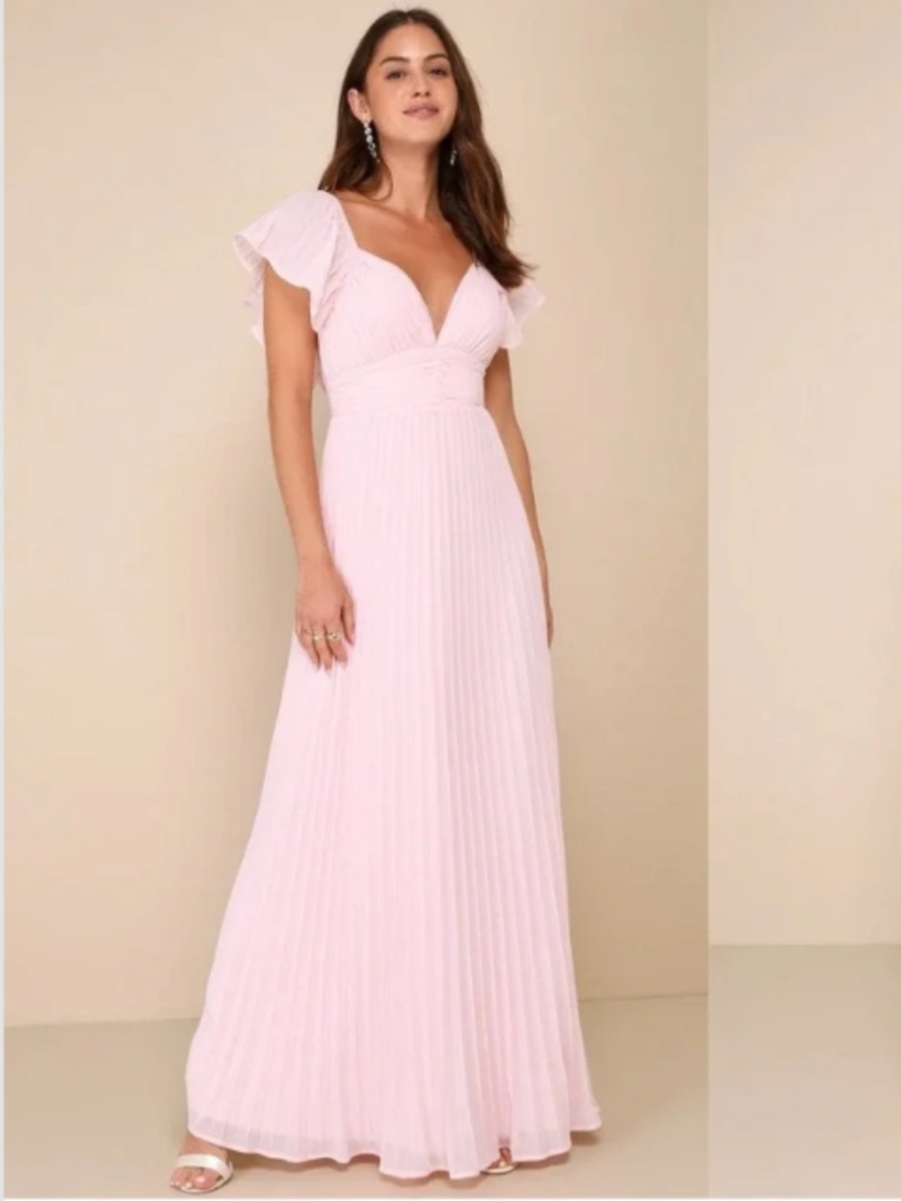 Lulus Pink Pleated Maxi Dress | Flutter Sleeve Backless Formal (Bridesmaid)